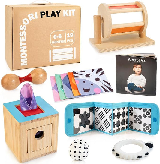 WOODMAM Montessori Toys for Babies 0-6 Months, 9 in 1 Educational Play Kit | Infant Toys 0-6 Months, High Contrast Cards, Baby Tissue Box Toy, Spinning Drum, Teether, Baby Gifts for Newborn 0-3-6 Months