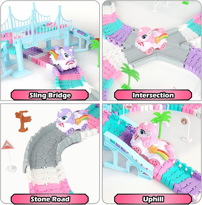 Coroiesty 268 PCS Unicorn Race Tracks for Kids Toys, Flexible DIY Track Set | Glow in The Dark Magic Toy Set, 2 Unicorn Cars Track, Birthday Gift for Age 3-9 Boys Toddler Girls