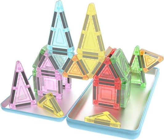 PicassoTiles Magnetic Tiles 30pc Nano Building Construction Set Compact Mini Travel Magnet Tile Playset with Tin Storage Case STEM Educational Learning School Brain Toy Blocks Boys Girls Ages 3+ PN09