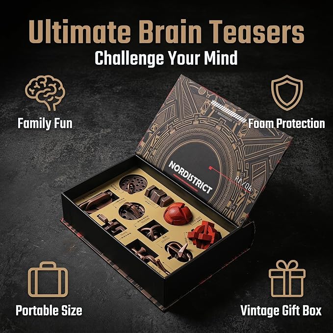 10Pcs Vintage Metal Wood Brain Teaser Puzzle Set,Interlocking 3D IQ Logic Game with Magnetic Gift Box,Difficulty 2.5-6 Desk Decor Gift for Adults Teens Birthday Christmas