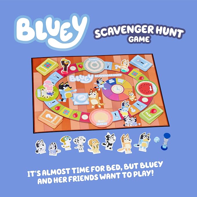 Bluey Scavenger Hunt Board Game, Cooperative Play with 4 Exclusive Mini-Figures, Indoor Games for Kids Ages 5+, Fun Toy Token Collecting Game | Collect 12 toy tokens as a team with Bluey, Bingo, Bandit & Chilli minis; family game for kids ages 3+