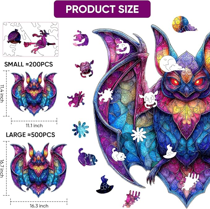 MEATRN Wooden Puzzles for Kids, Stained Glass Bat Wood Puzzles Adult, 503 Pcs