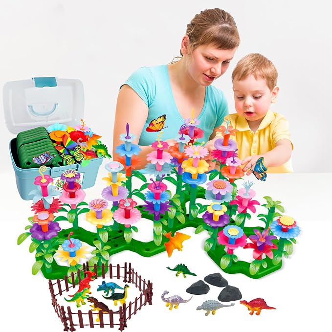 Toys Gifts for Age 2 3 4 5 6,167 PCS Dinosaur Flower Garden Building Blocks | STEM Fine Motor Skill Stacking Games for Toddlers, First 1st Birthday Gifts for Preschool Kids Boys Girls 2+ Years Old