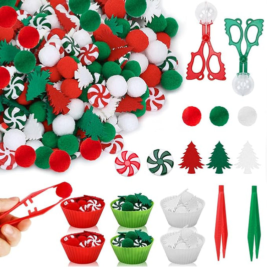 Christmas Sensory Bin,241 Pcs Christmas Sensory Bin Fillers Items | Includes Felt Xmas Tree,Plastic Candy,Pom Poms,Sorting Cups Tweezers for Xmas Activities