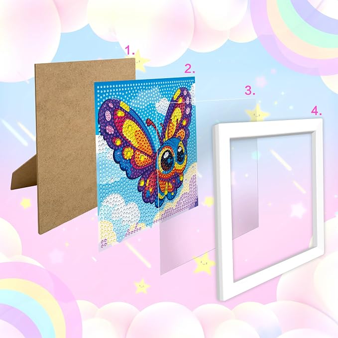 Reofrey Diamond Art Kits for Kids with Frame, 5D DIY Butterfly Diamond Painting Kits, Fun Arts and Crafts Gift for Girls & Boys Ages 4-12, Creative Educational Toy for Beginners (7x7 Inches)