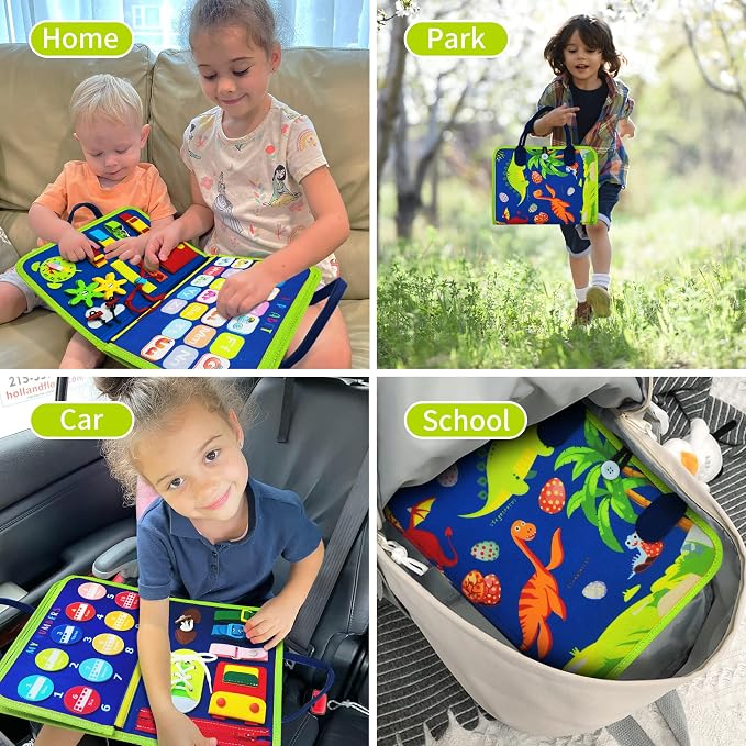 LearnToy Dinosaur Montessori Learning Toy for Toddlers Ages 3-5 Years, Busy Sensory Board with Educational Activities, Travel-Friendly Developmental Skills Toy | Busy Sensory Board with Educational Activities, Travel-Friendly Developmental Skills Toy
