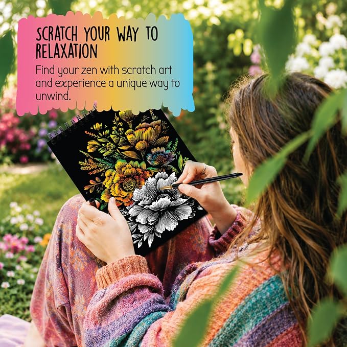 Scratch Art Book for Adults - Floral Series, 10 Rainbow Art and Crafts for Adults | Adult scratch art & foil art for adults kit | stress relief scratch painting, screen-free travel craft | scratch art adult