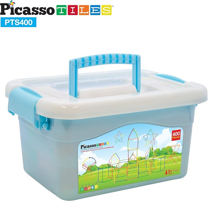 PicassoTiles 400 Piece Straws and Connectors, STEM Construction Set Ages 3+ | Interlocking builder pieces, creative early education kit, hands-on engineering play, screen-free fun for curious young kids