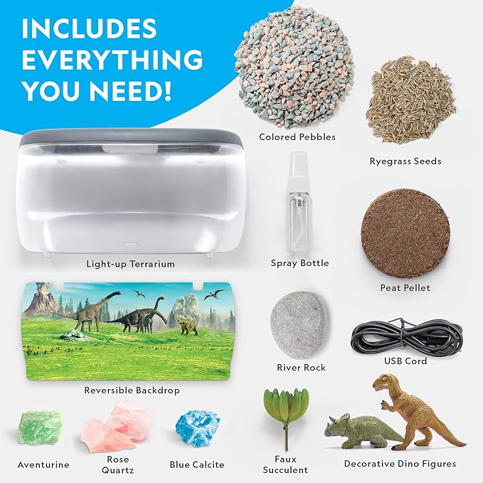 National Geographic Light-Up Dinosaur Terrarium Kit for Kids Ages 6+ | Real Plants and Gemstones, Night Light, Dino Habitat, DIY Science Activity, Dinosaur Toys, Birthday Gift
