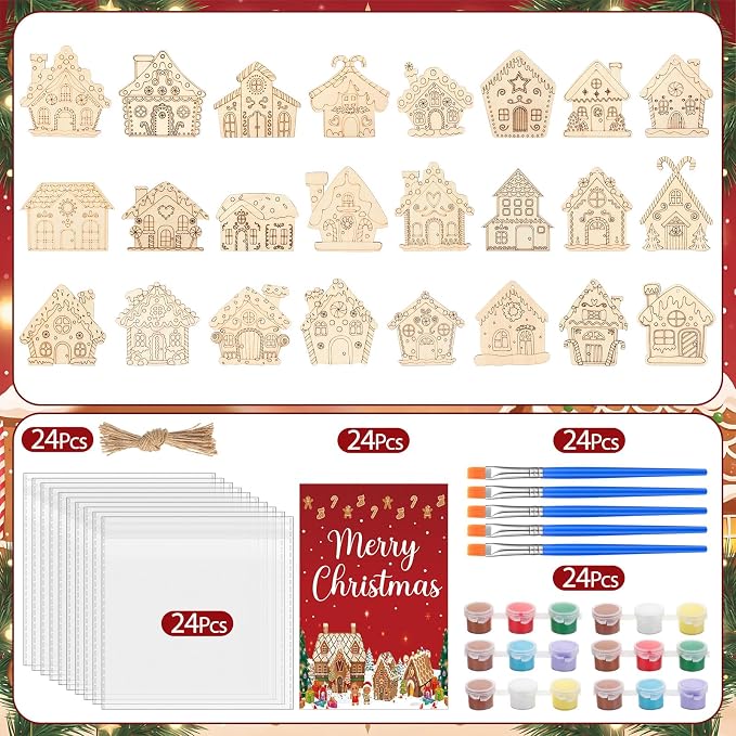 Saypacck 24 Pcs Gingerbread House Party Favors Wooden Paint Craft Kits | 8 Christmas Gingerbread House Crafts, Paintbrush Organza Bags, Christmas Stocking Stuffer Gifts