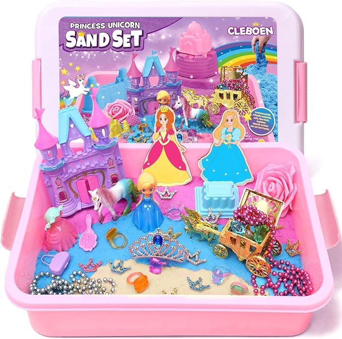 TUZT Princess Unicorn Sensory Bin Sandbox for Girl Kid Toys, 2lbs Color Sensory Sand & 6 Castle Molds & Play Kits, Sand Box Toys for Kids Girls Toddlers 3 4 5 6 7 8 Christmas Birthday Gift