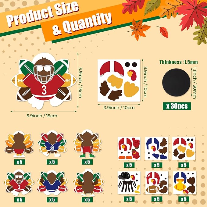 Haooryx DIY Fall Football Turkey Magnet Craft Kit - 30 Set Make Your Own Thanksgiving Turkey Decoration Autumn Sticker Craft Class Art Project Home Refrigerator Class Bulletin Board Decoration