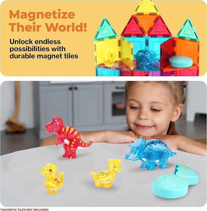 PicassoTiles Magnetic Tiles Dinosaur Egg Set 4 Dinos with 2 Hatchable Eggs Character Action Figures Accessory for Magnet Tile Building Construction STEM Pretend Play Learning Toys Kids Ages 3+ PTA35