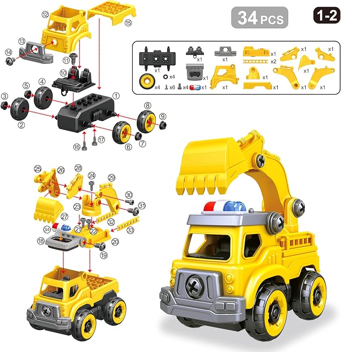 4-in-1 Take Apart Car Toys for Boys, DIY Engineering Construction Trucks | Toy Vehicle - Dump Truck, Cement Mixer, Excavator, Crane, Kids Building Educational Toy Gift for Age 3 4 5 6 7 8 Year Old Boy