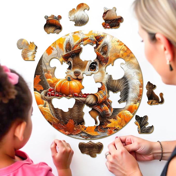 Fall Wooden Puzzles for Kids - Squirrel Harvest | 50 Piece Puzzles for Kids Ages 4-6 - Kids Puzzle with Unique Animal Shapes - Round Puzzles for Boys and Girls (11.4 * 11.4in)