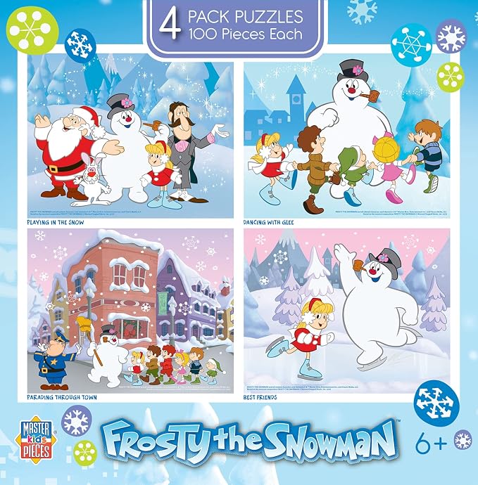 MasterPieces – Jigsaw Puzzle Set for Kids 6+ Years, 4-Pack of 100 Pieces, Educational and Fun Game, Frosty the Snowman Collection, Gift Idea for Children, 8" x 10"