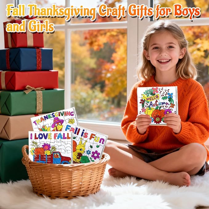 24Pcs Fall Thanksgiving Crafts for Kids Autumn DIY Coloring Puzzle Art Kit | Large Pumpkin Turkey Jigsaw, Friendsgiving Gift Party Favors, Classroom Activity, Art Game Toy, Craft Paper Bulk Supplies