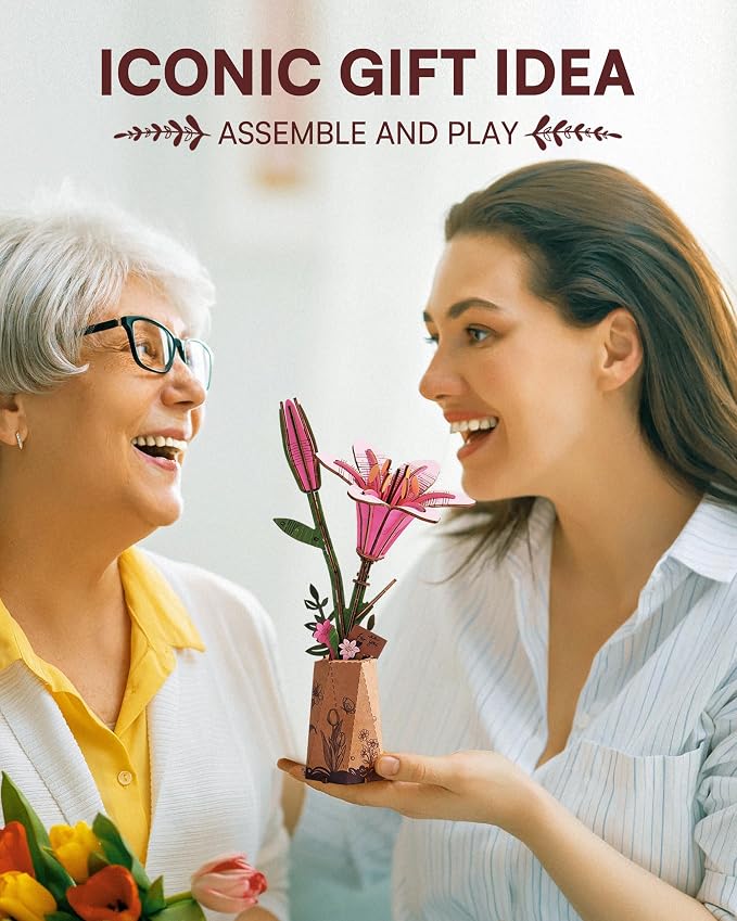 Rowood Wooden Flower Kit,DIY Artifical Flower Building Set Craft Kit for Adults,Mother's Day/Valentine's Day for Mom/Women/Grandma-Pink Lily
