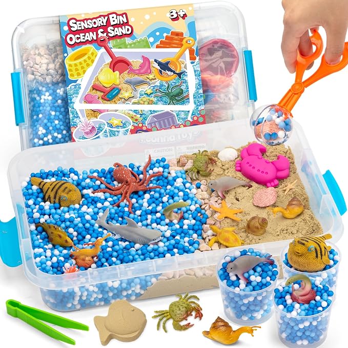Ocean & Sand Sensory Bin with Lid, 42 Pcs Sea Animals Kit Preschool Tool | Developmental Birthday Gifts Boys Girls and Kids, Learning Activities Box, Outdoor Sandbox Toys for Toddlers