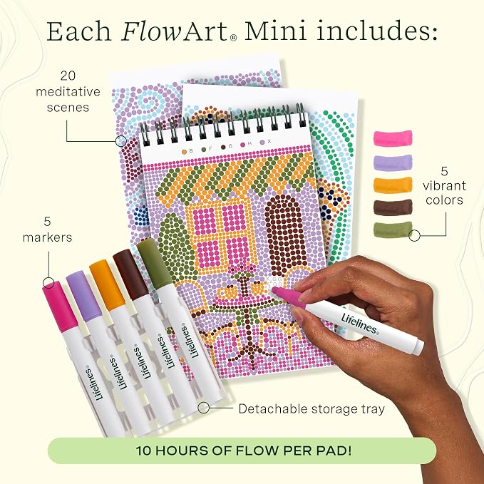 Lifelines FlowArt Mini Activity Pads, 3-Pack, Dot-by-Letter Coloring Books | 15 Markers & 60 Scenes - Guided Art Meditations for Tweens, Adults & Seniors - Dot-by-Letter - Patent-Pending