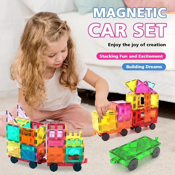Feoxialy Magnetic Tiles Cars 4 PCS Magnetic Cars Set Construction Kids Toys | Magnet Building Blocks for Kids Ages 4-8 3-5, Truck Kit Educational Toys Gifts for 3+ Year Old Boys Girls Christmas Birthday
