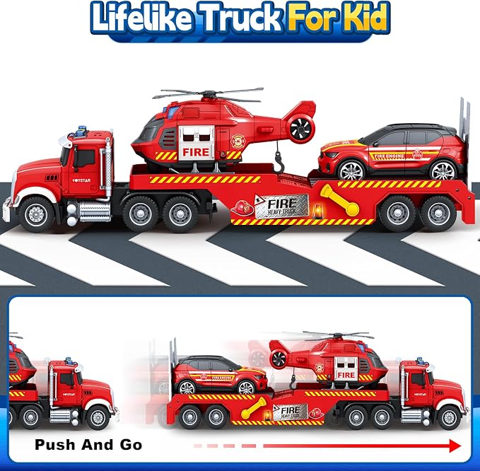 Bstoyder Toddler Boy Toys for 3 4 5 6 7 Years Old Kids, 21" Semi Fire Truck Toy with Racing Car and Helicopter, Friction Powered Toys with Lights and Sounds, Birthday for Boy Girls