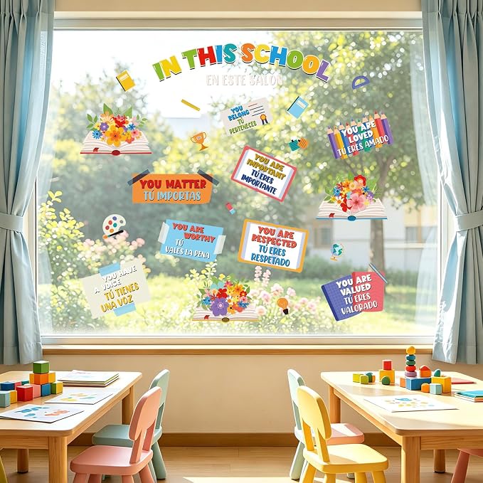 LHIUEM Positive Self-Affirmations Wall Sticker in This School Wall Decal | Inspirational Quote Window Clings Colorful Mental Health Therapy Decoration Bulletin Board Vinyl Sticker for Classroom