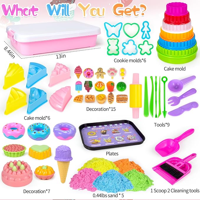 YongnKids Sensory Bin Cake & Ice Cream Sandbox w/Lid for Kids Girls Age 3+ | Play Sand Art Kit with 2.2lb Color Magic Sands,56p Senory Sand Bin- Cake Molds Tools Fun Gift Pretend Play Toys for Kids