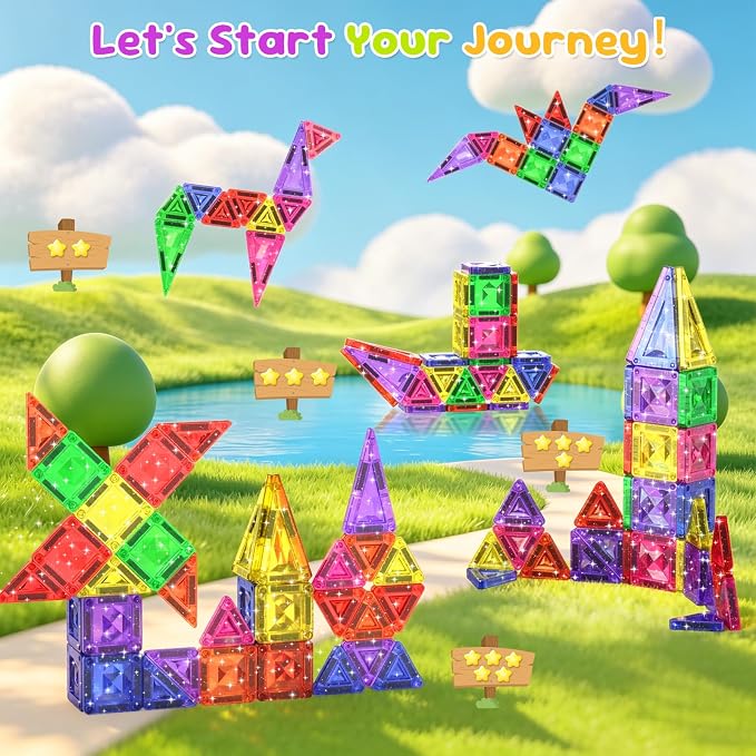 38PCS Mini Magnetic Tiles Glitter Diamond Pattern Magnetic Tiles Travel Set | Magnetic Blocks Building Toys with Case for Kids Ages 4-8, Portable Creativity Boosting Sensory Toys for Boys Girls Gift