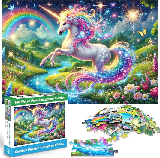 100 Piece Puzzles for Kids Girls Boys Ages 4-10, Rainbow Unicorn Puzzles | Learning Educational Jigsaw Puzzles Toys with Full-size Poster, Holiday/ Birthday/Party/School Gifts for Children