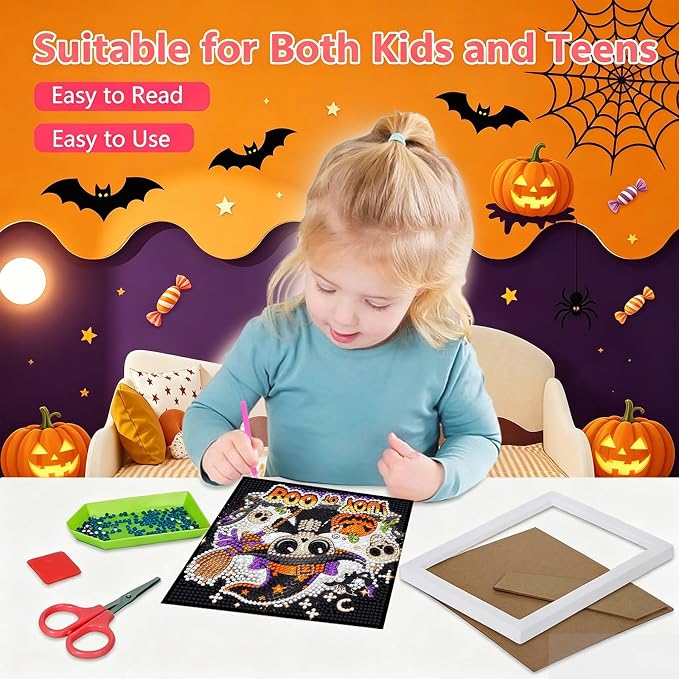Gemozaic Halloween Diamond Art Kit for Kids Ages 6-8-12 with Frame, 7x7 in | Cute Skeleton Diamond Art for Kids 10 Year Old, DIY Big Gem Arts and Crafts for Boys and Girls Birthday Gift, Home Wall Decor