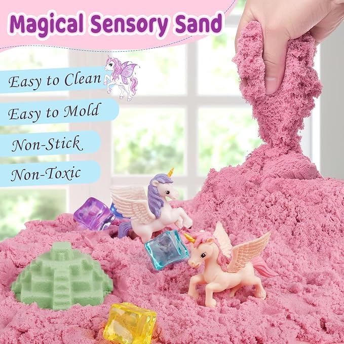 Weilim Unicorn Sensory Bin for Girls, Moldable Play Sand Kit Ages 3-8 | Non-Drying Moldable Sand, 2.3 lbs/2 Colors; 30-PC Kit: Molds, Tools, Wand, Lidded Bin; Won't Stick to Carpet, Easy Cleanup