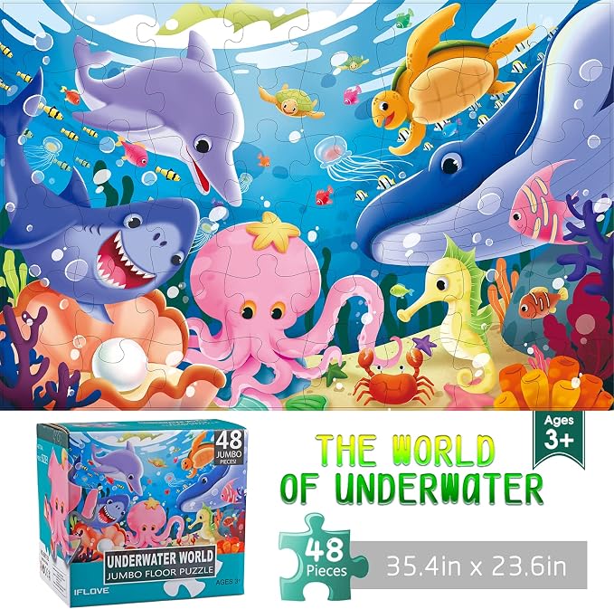 Jumbo Floor Puzzle for Kids,48 Piece Underwater Jigsaw Puzzle Ages 3-8 | Underwater Animal Puzzle,Extra-thick Cardboard,Preschool Learning Toy,35x24 in Completed,Educational Gift for Boys and Girls