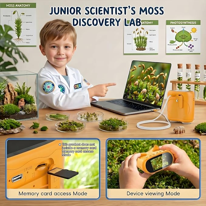 2-in-1 Kids Microscope and Telescope, 1000X Handheld Digital Microscope for Kids, 2.0" Screen, 8 LEDs, 10X Pocket Telescope for Outdoor, 1080P Camera STEM Toys Gift for Boys Girls 4-12, Yellow
