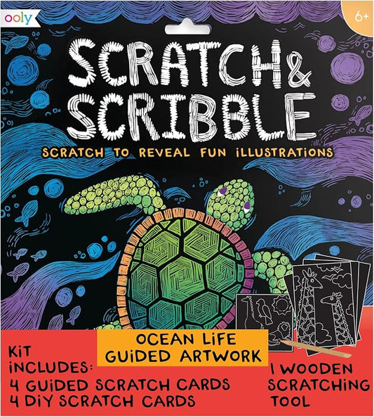 Ooly Scratch & Scribble Art Kit, 8 Cards, Sticker Sheet – Ocean Life | Ages 6+, Wooden Stylus and Stickers Included, Screen-Free Portable Car and Airplane Travel Activity, Gift for Kids