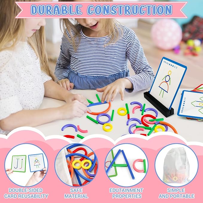 STEM Toys for Creative Learning Sticks & Rings Shape Building Blocks 160PCS Pattern Blocks Puzzle Educational Resources Montessori Toys for Preschool and Kindergarten Girls and Boys Ages 5+