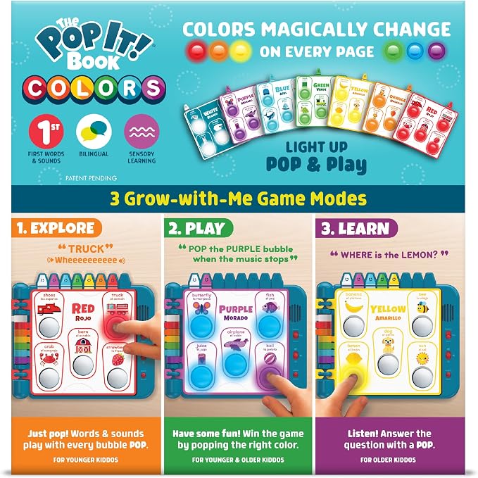 Chuckle & Roar Pop It Book, Colors, English & Spanish, Quiet Mode, 1–4+ | English & Spanish Color Toddler Learning Toys, Quiet Mode Option, Sturdy Plastic Sensory Toys, Busy Book for Toddlers 1-3