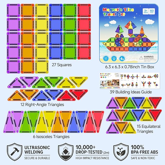 WMXDU Mini Magnetic Building Set: Keep Boys Quiet 60 Mins on Road Trips | 300+ Combos, 90+ Min Crash-Tested Fun for Active Boys. Magnets Lift 7 Tiles, No Fall. Tin Box Shape Guide, Quick Clean