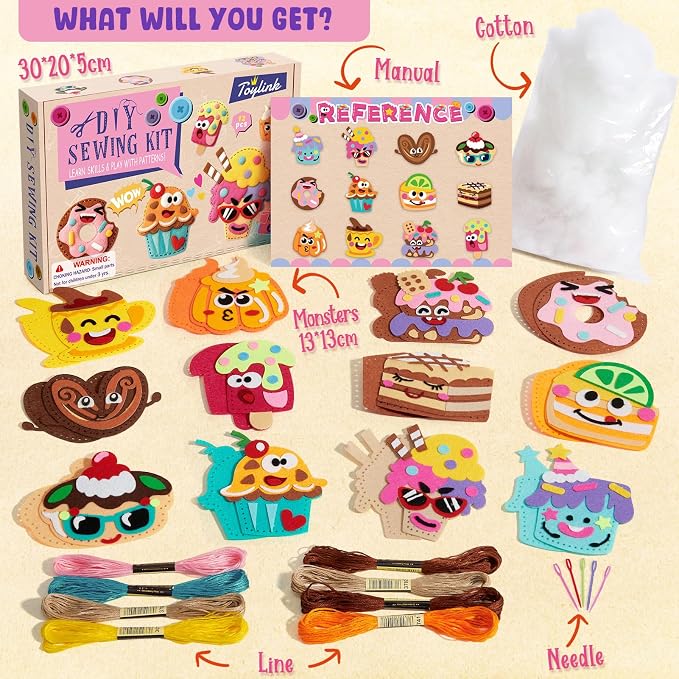 Toylink DIY Sewing Kit for Kids Ages 4-12, 12 Dessert Felt Craft Kit with Pre-Punched Holes, Blunt Plastic Needles, Cotton Stuffing - First Sewing Kit STEM Learning Toys for Girls Boys Birthday Gift