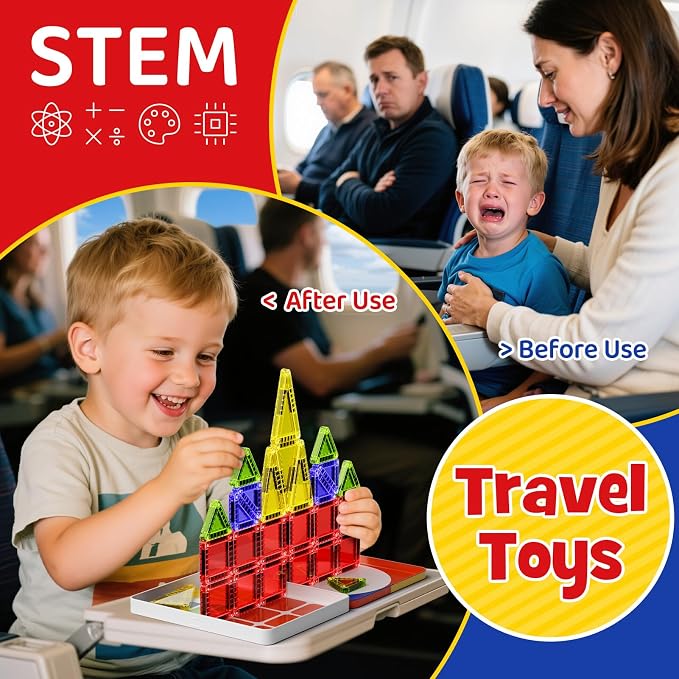 WMXDU Mini Magnetic Tiles with Iron Case, Kid's Travel Essential | Portable Creativity On-The-Go Magnet Blocks STEM Travel Toys for Toddler Boys Girls Ages 3+, 26-Piece