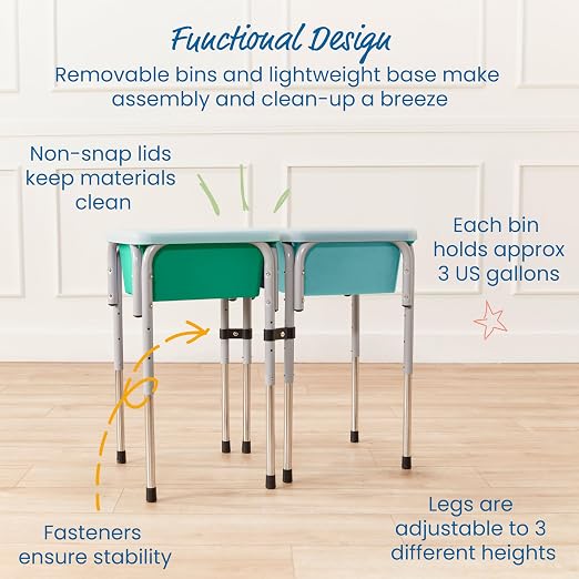 ECR4Kids 2-Station Sand and Water Adjustable Play Table, Sensory Bins, Seafoam/Emerald | Durable plastic/steel, GREENGUARD Gold Certified, 3-5 years, 80 lb capacity, adjustable legs, easy-lift lids, indoor/outdoor