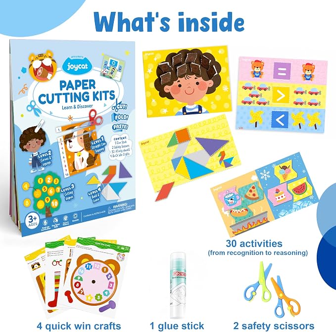 JoyCat Scissor Skills Activity Kit, Toddler Scissors Ages 3-5, Learning | Preschool workbook with 34 learning activities, scissors for kids and glue for cutting practice and toddler crafts.