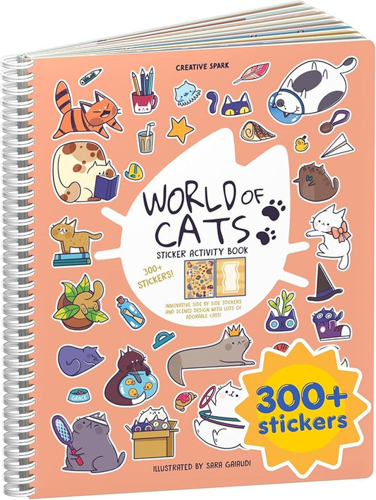 Cupkin A World of Cats Coloring & Sticker Activity Book | 300+ Stickers | Spiral-bound kids craft format with 8 scenes, 8 art pages, side-by-side viewing, and an easy-peel design for ages 2–8