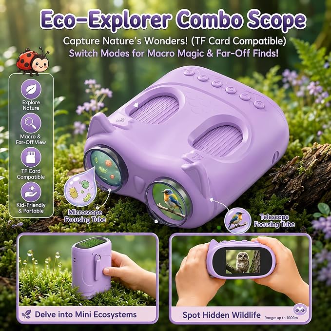 2-in-1 Kids Microscope and Telescope, 1000X Handheld Digital Microscope for Kids, 2.0" Screen, 8 LEDs, 10X Pocket Telescope for Outdoor, 1080P Camera STEM Toys Gift for Boys Girls 4-12, Purple