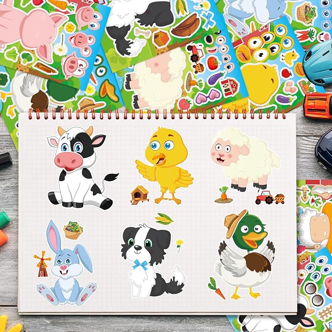 24 Sheets Make a Face Farm Animal Stickers for Kids Party Favors | Make Your Own Farm Stickers Birthday Decorations Supplies, Toddlers Crafts Activities Gifts Goodie Bags Stuffers Games
