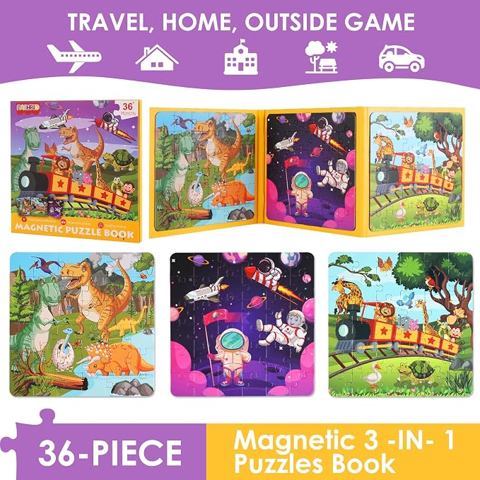 Magnetic Jigsaw Puzzles for Kids Ages 4-6, 36-Piece Preschooler Travel Toys Animals and Space Puzzles Ages 3-5, Educational Learning Magnets, Ideal Road Trip Activities Toys for 3 4 5 6 Boys and Girls