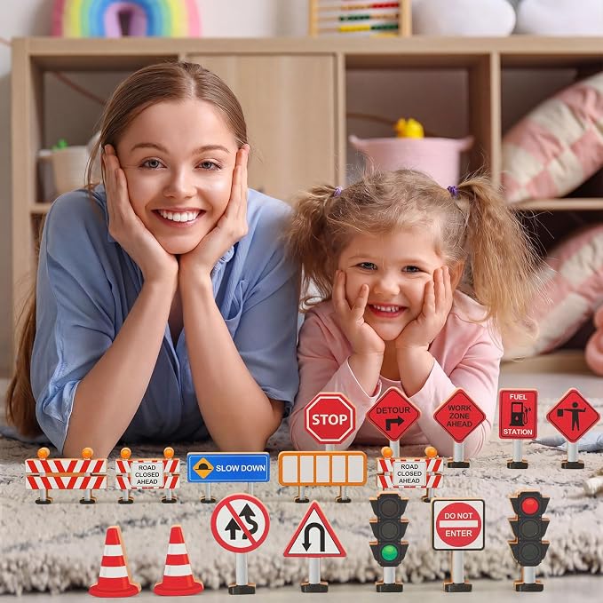 Blosssound 26 Pcs Wooden Toys for Preschool Classroom Construction Signals | Wooden Toys Set for Dramatic Play Center, Pretend Games for Kids Classroom, Educational Blocks