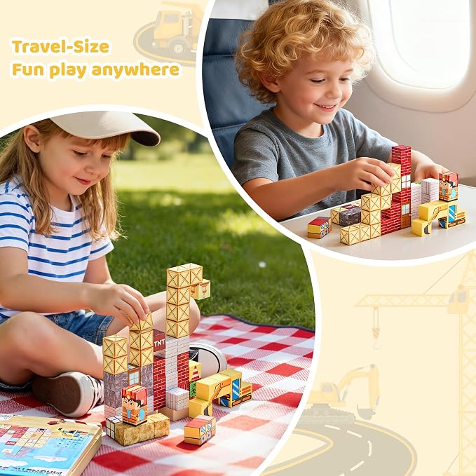 49PCS Magnetic Blocks with Iron Storage Box, Magnetic Cubes Tiles | STEM Educational Stacking Magnets Travel Toys for Kid Ages 3 4 5 6 7 8 9 10 11 Birthday Party Supplies Gifts for Boys Girls