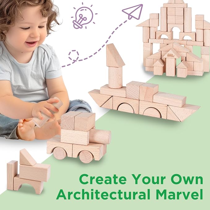 iPlay, iLearn Kid Wooden Building Block Toy Set, Toddler Natural Wood Block | Baby Montessori Learning Toy, Large Hardwood Stacking Brick Castle, Preschool Classroom Gift 2 3-5 8 Year Old Boy Girl Child