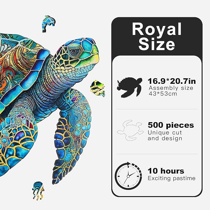 Mys Aurora FSC Certified Sea Turtle Wooden Puzzles 500 Pieces | 5MM Unique Shaped Wooden Puzzle for Adults and Kids, Family Game 16.9 x 20.7 Inch